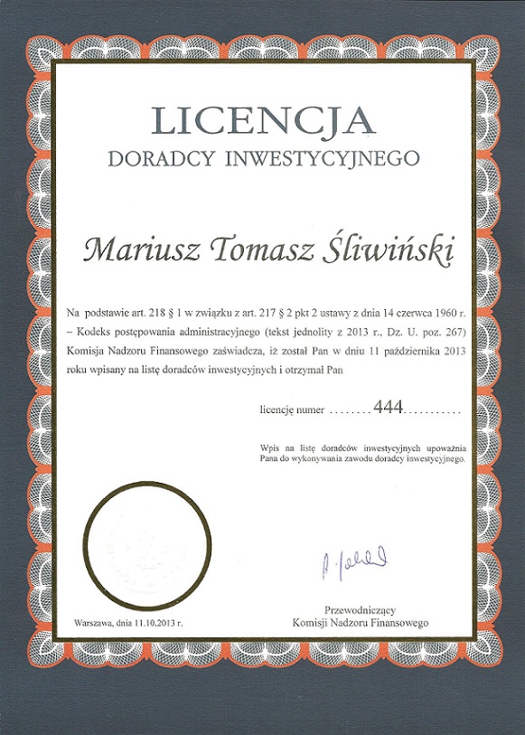 Licencja DI Mariusz Sliwinski